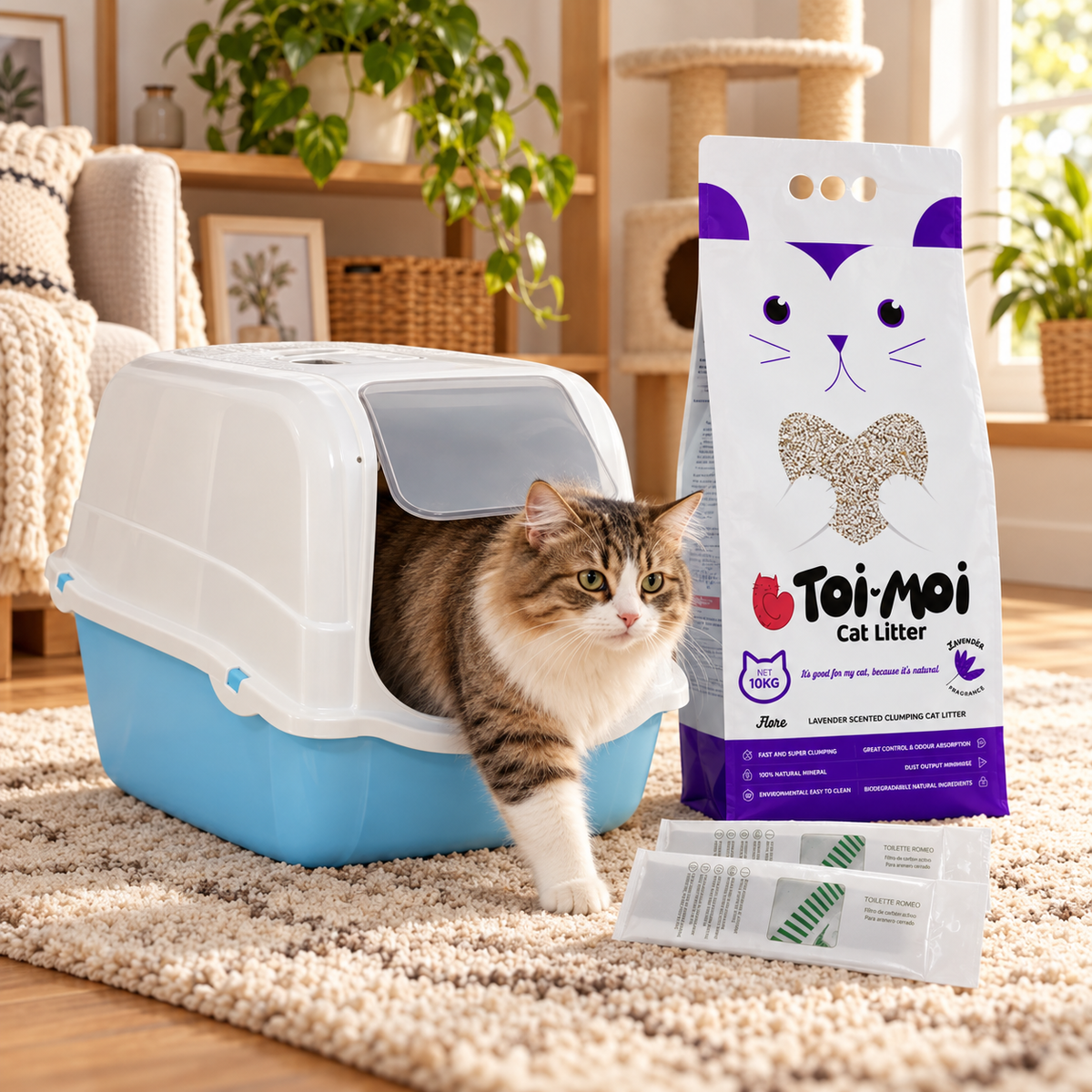 Pack Gato Deluxe: Arena Toi Moi 10kg + Baño Romeo + Filtro Repuesto