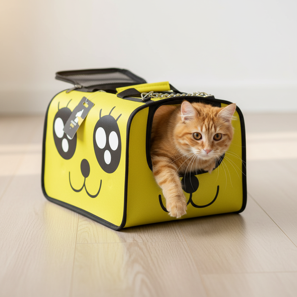 Bolso Pet Go amarillo con gato naranja saliendo