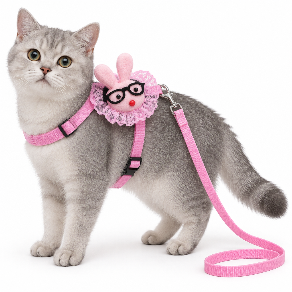 Gato modelando el arnés rosado con peluche