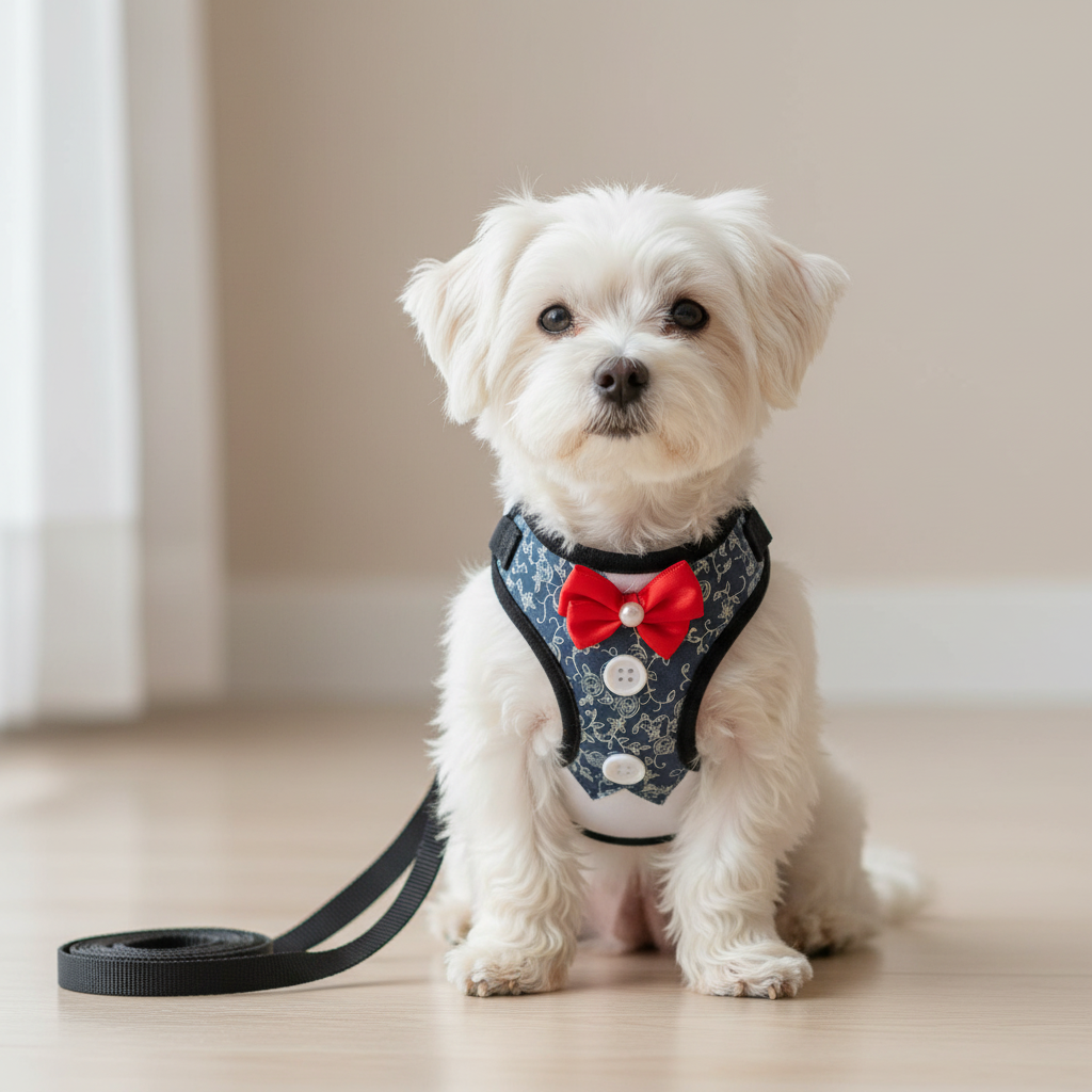 Perro con arnés traje azul y negro