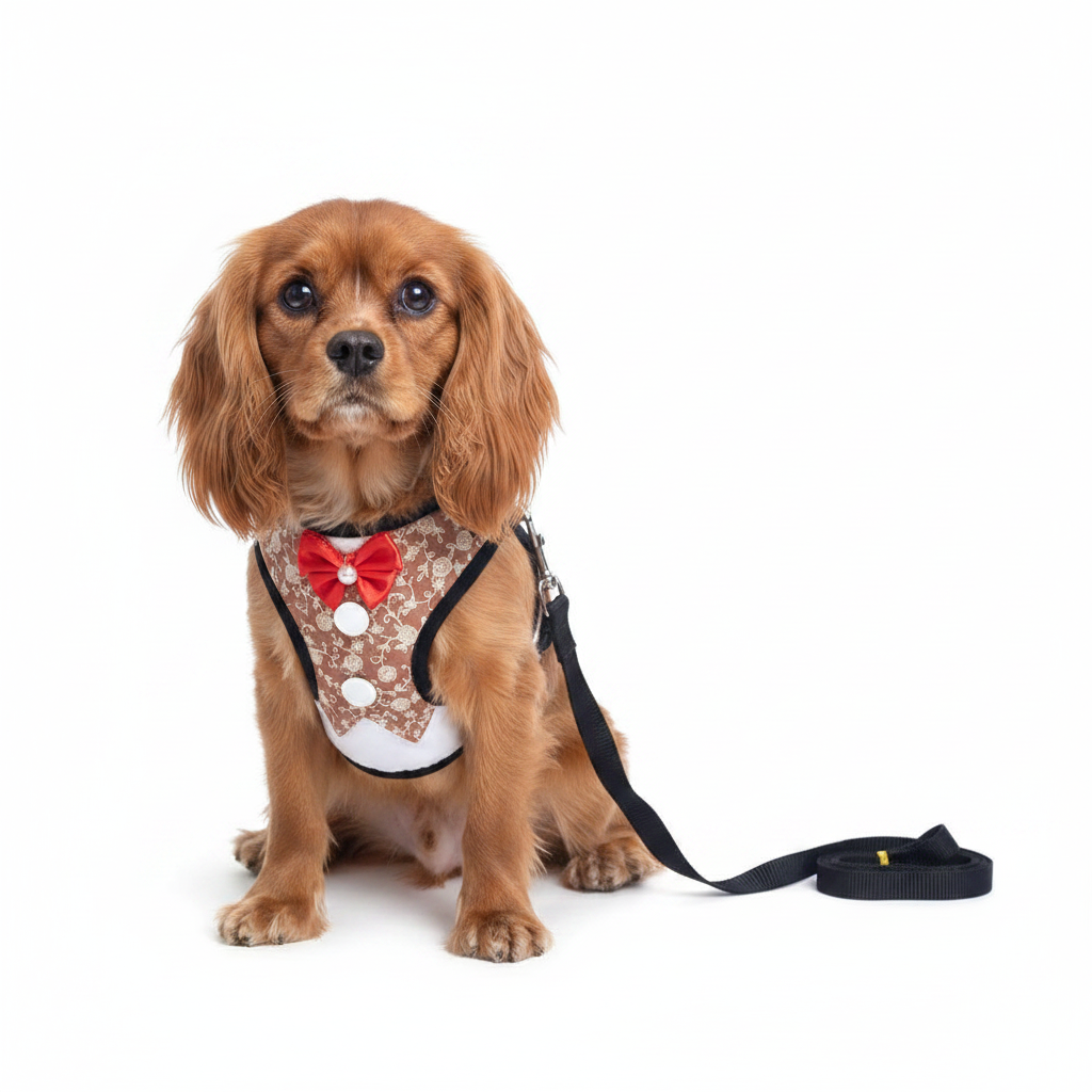 Perro con arnés traje café blanco negro