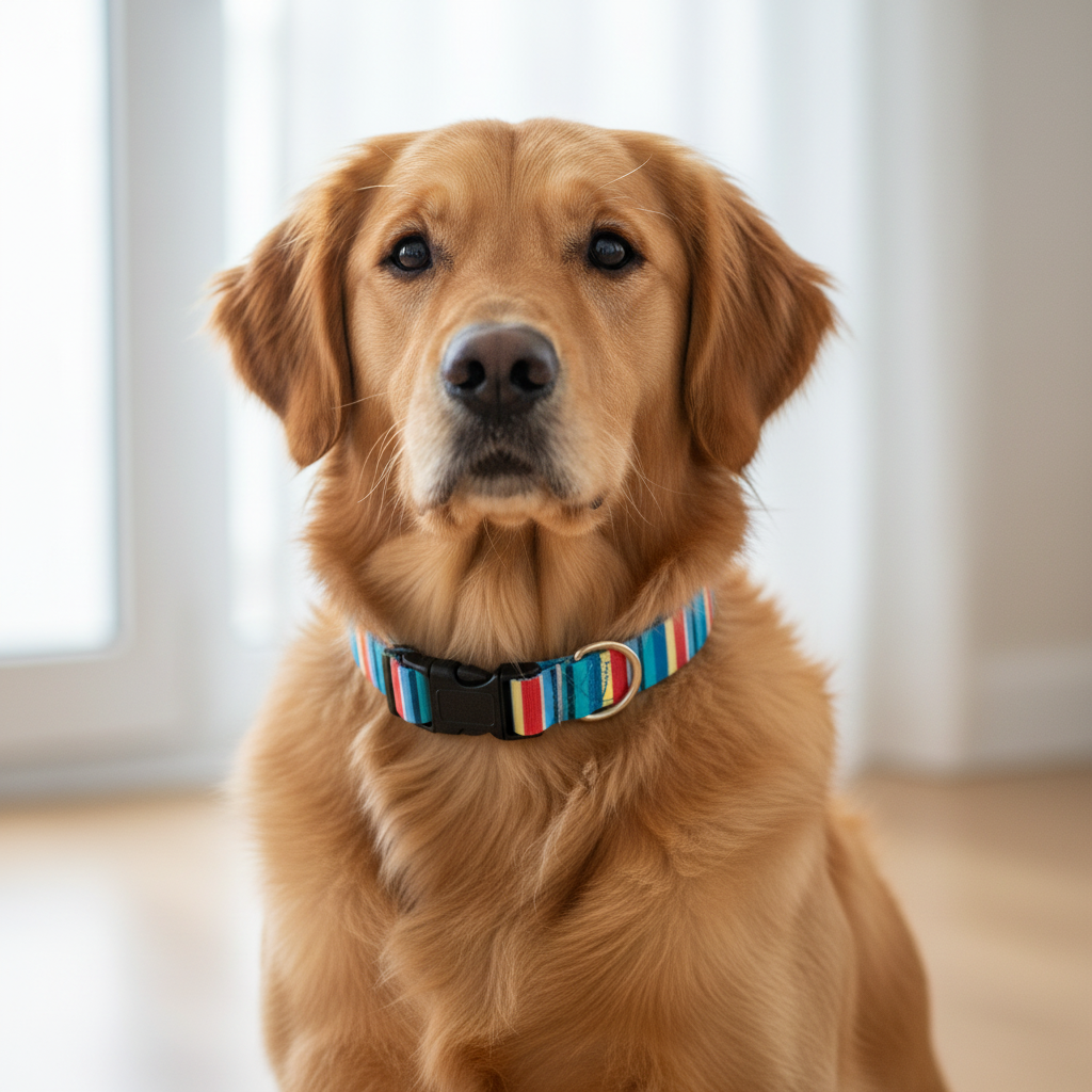 Perro con collar multicolor