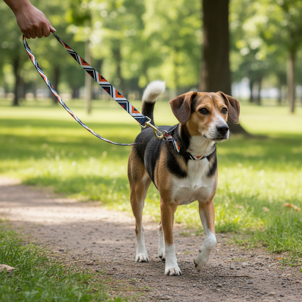 Perro con traílla zigzag naranja