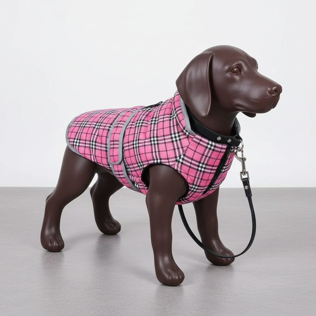 Pink plaid dog coat flat lay