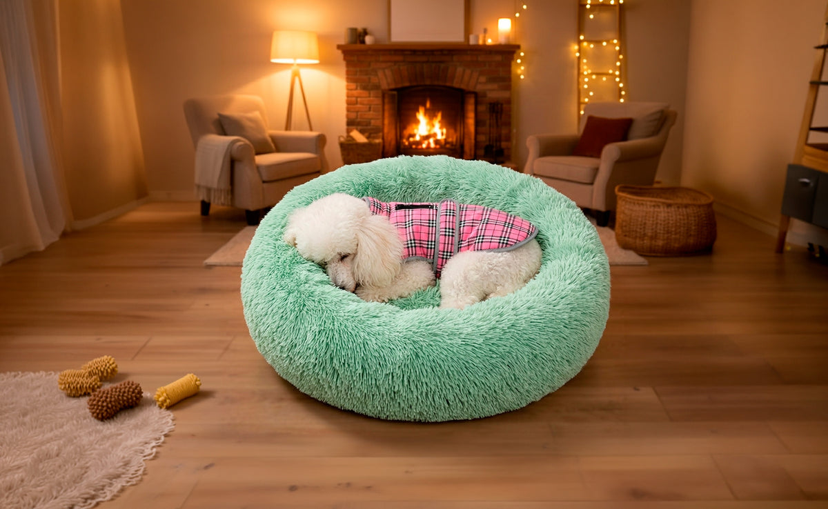 Cama Antiestrés de felpa para perros y gatos - Verde Claro