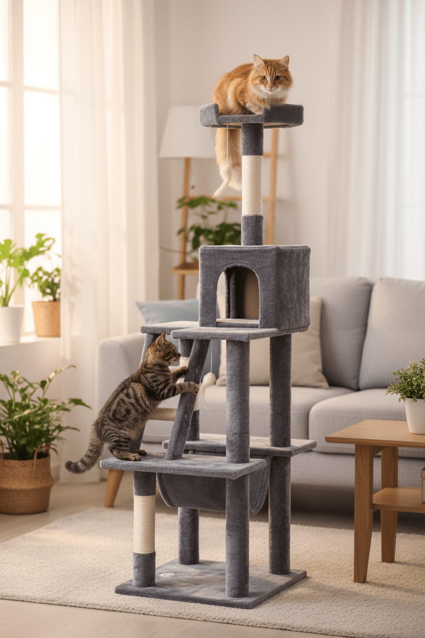 Rascador Torre 3 Plataformas con Hamaca y Escalera para gatos - Pethome