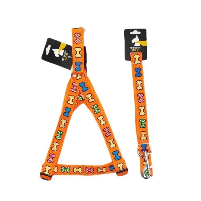 TRAILLA + ARNES DISEÑOS HUESOS 1.6 CM NARANJA - Pethome