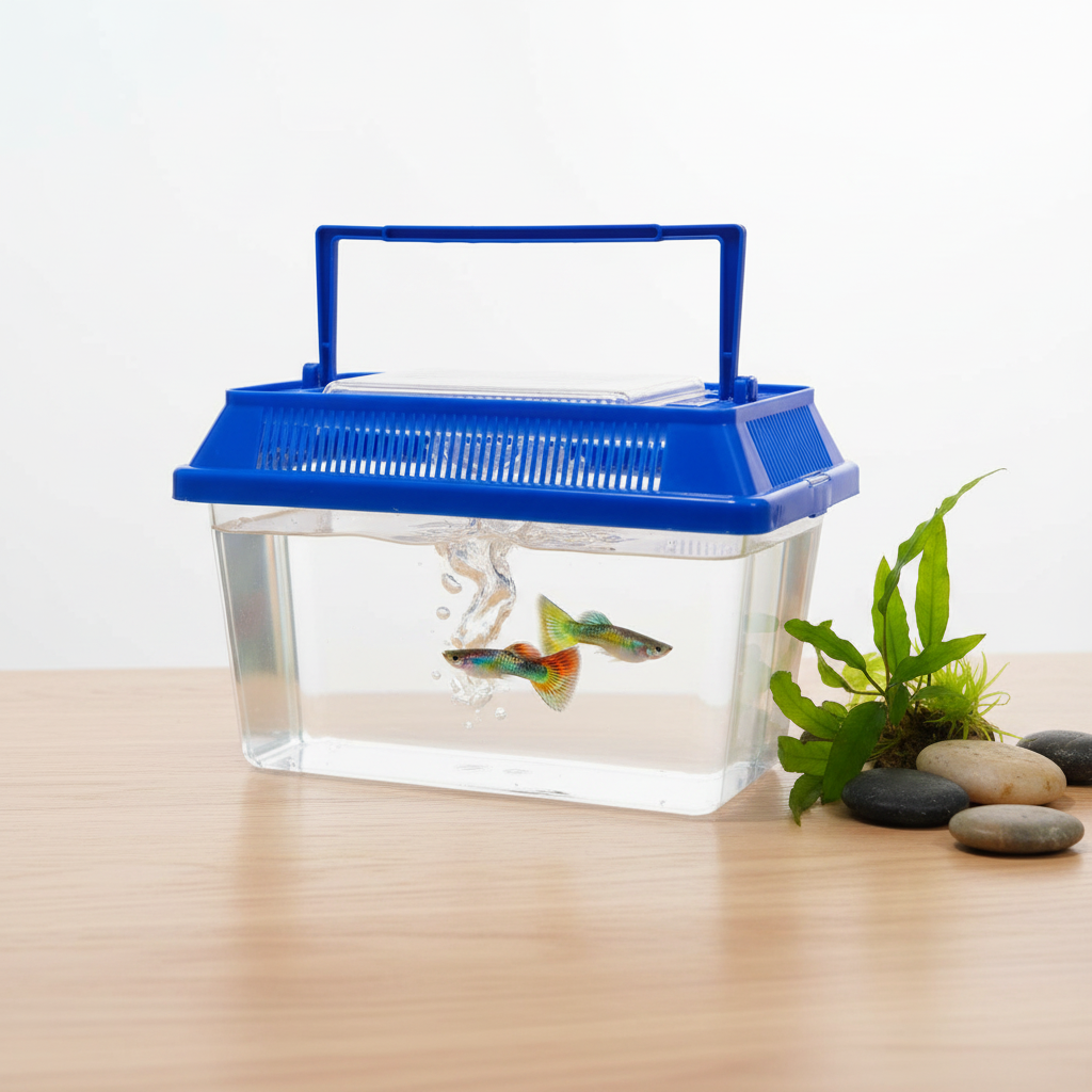 Transportador acrílico peces con guppies
