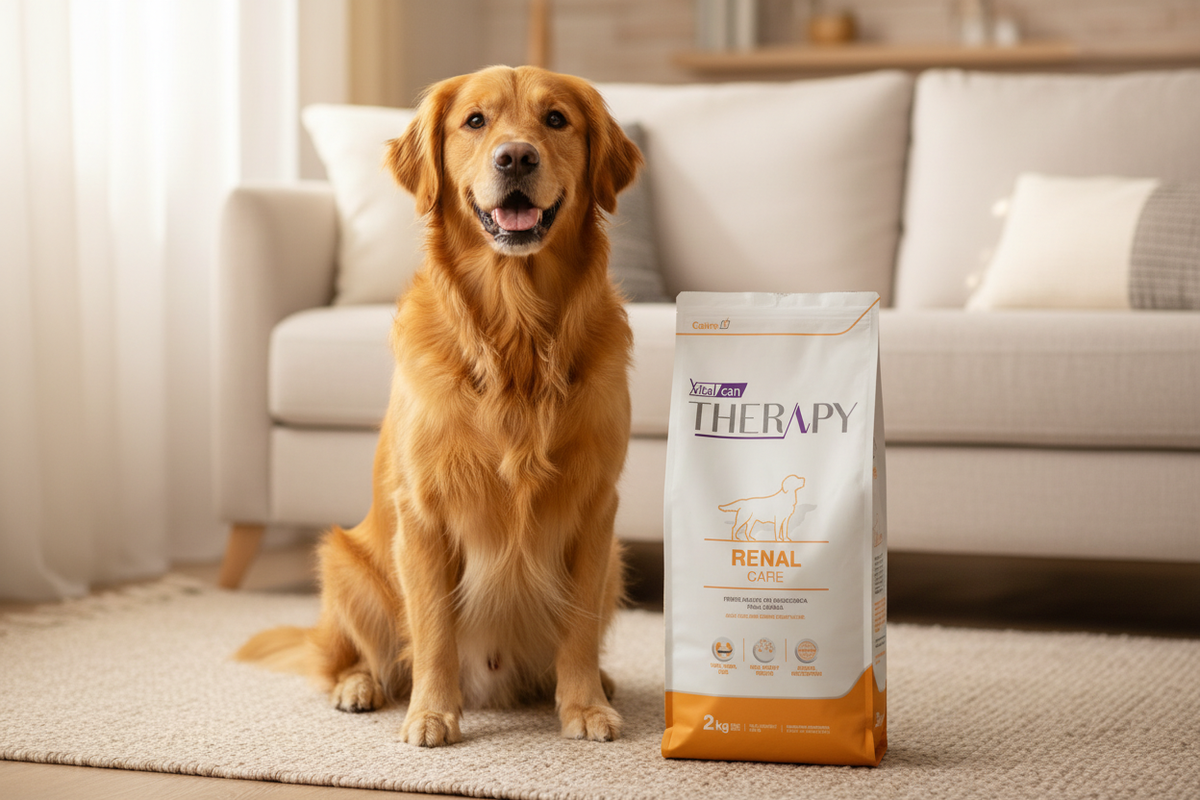 Vitalcan Therapy Renal Care junto a un perro en casa