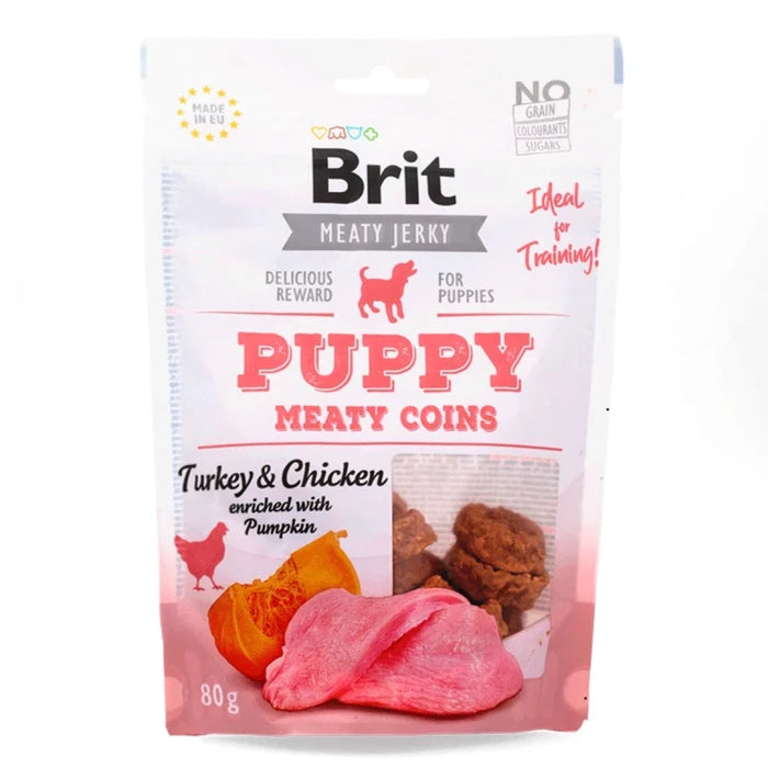 BRIT JERKY SNACK PUPPY TURKEY MEATY COINS FOR DOGS 80G - imagen 1