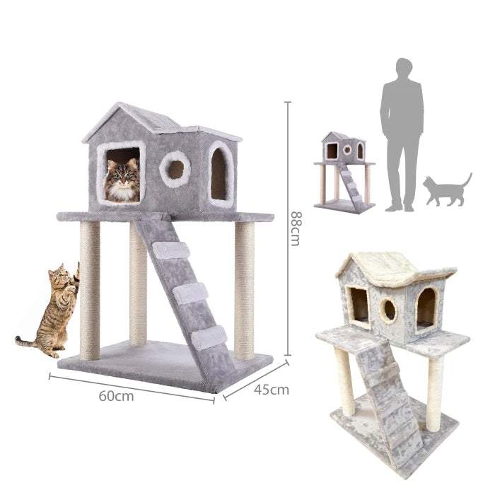 Rascador Cat Tree de 2 niveles, casa y escalera 88 cm - Gris claro - imagen 1