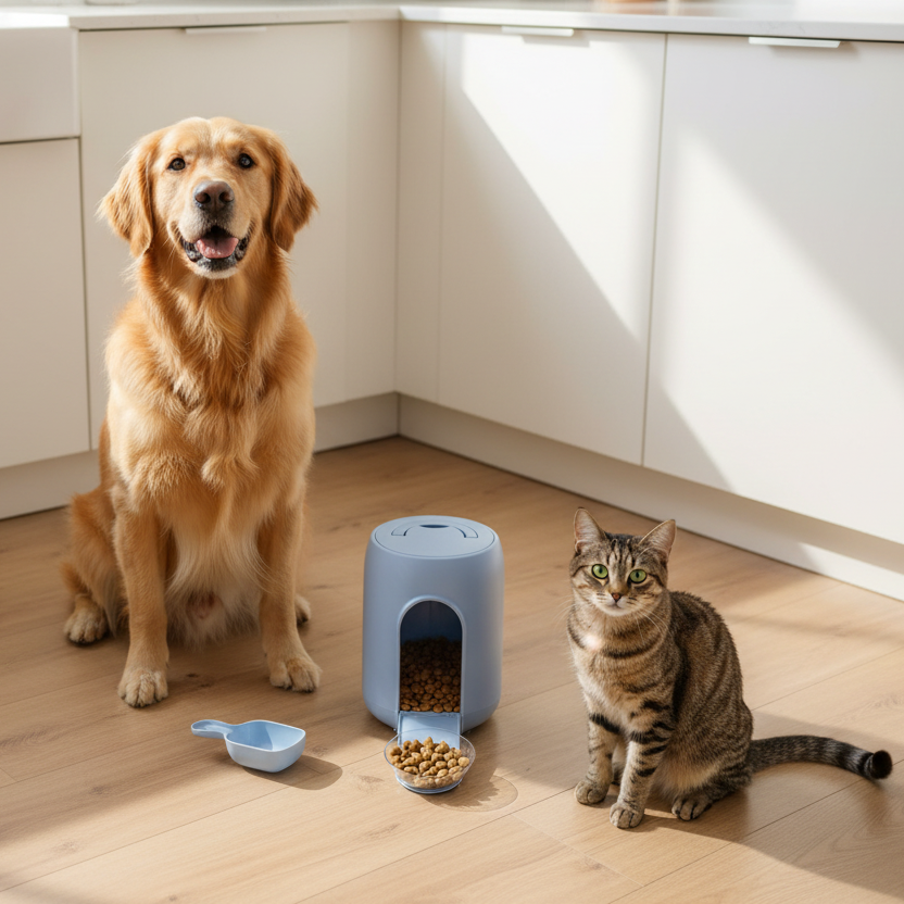 Contenedor de alimentos con comedero y pala para mascotas de 5KG