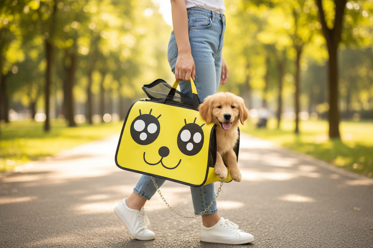 Bolso Pet Go amarillo con cachorro asomado
