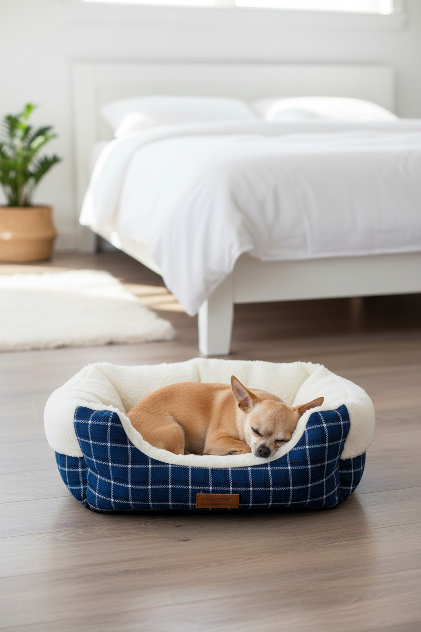 Cama acolchada azul con sherpa