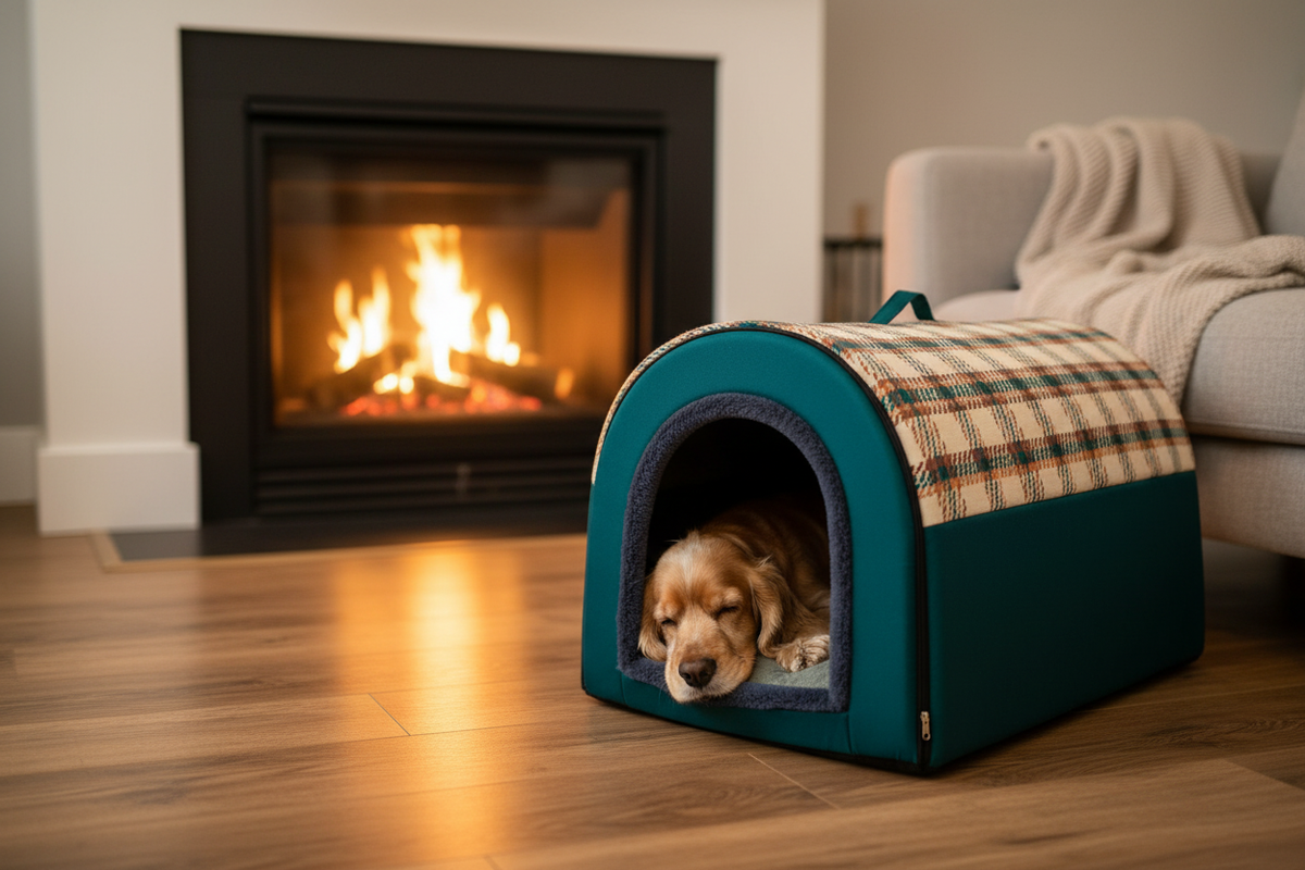 Cama igloo escocesa con Cocker Spaniel