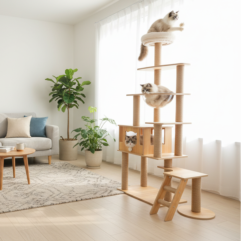 Rascador XL con cápsula casa madera y escala 165cm | Bajo Pedido