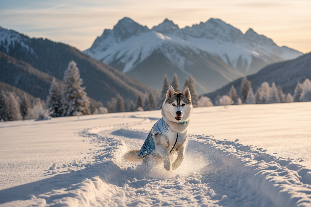 Cortavientos husky en montaña nevada