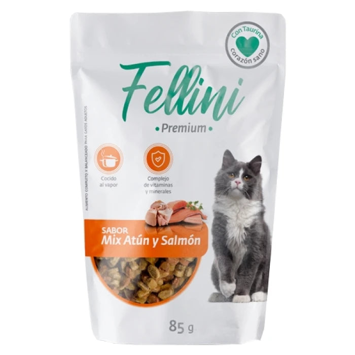 FELLINI ALIM HUM MIX ATUN Y SALMON EN SALSA X 85 GR - imagen 1