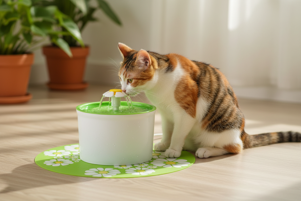 Fuente de agua flor con gatito