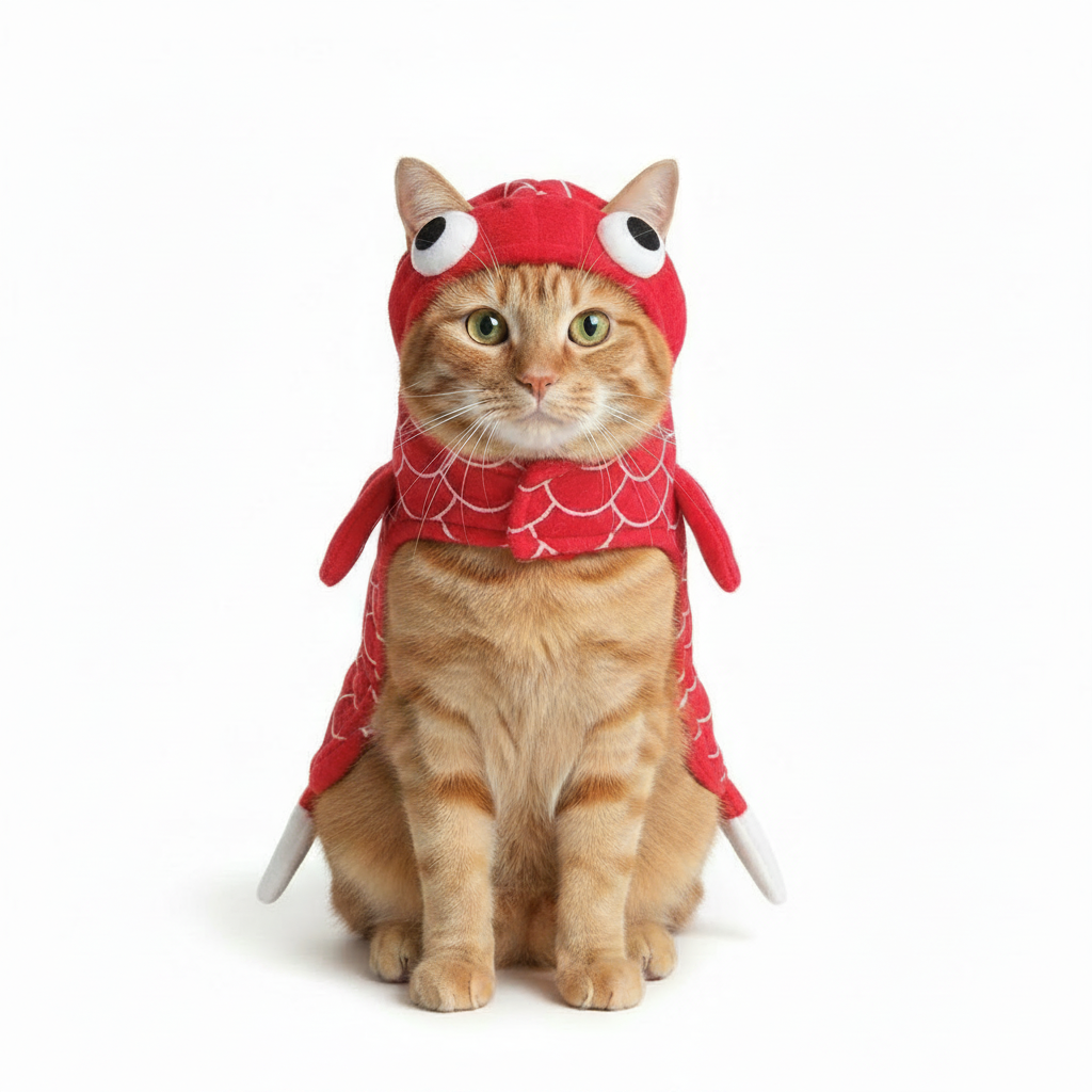Gato con disfraz de pez más pequeño