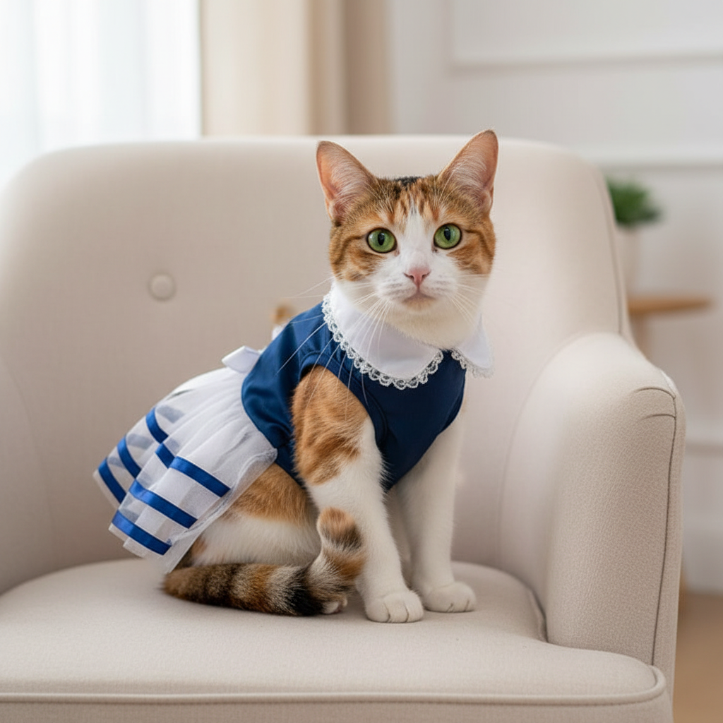 Gato con vestido azul marino