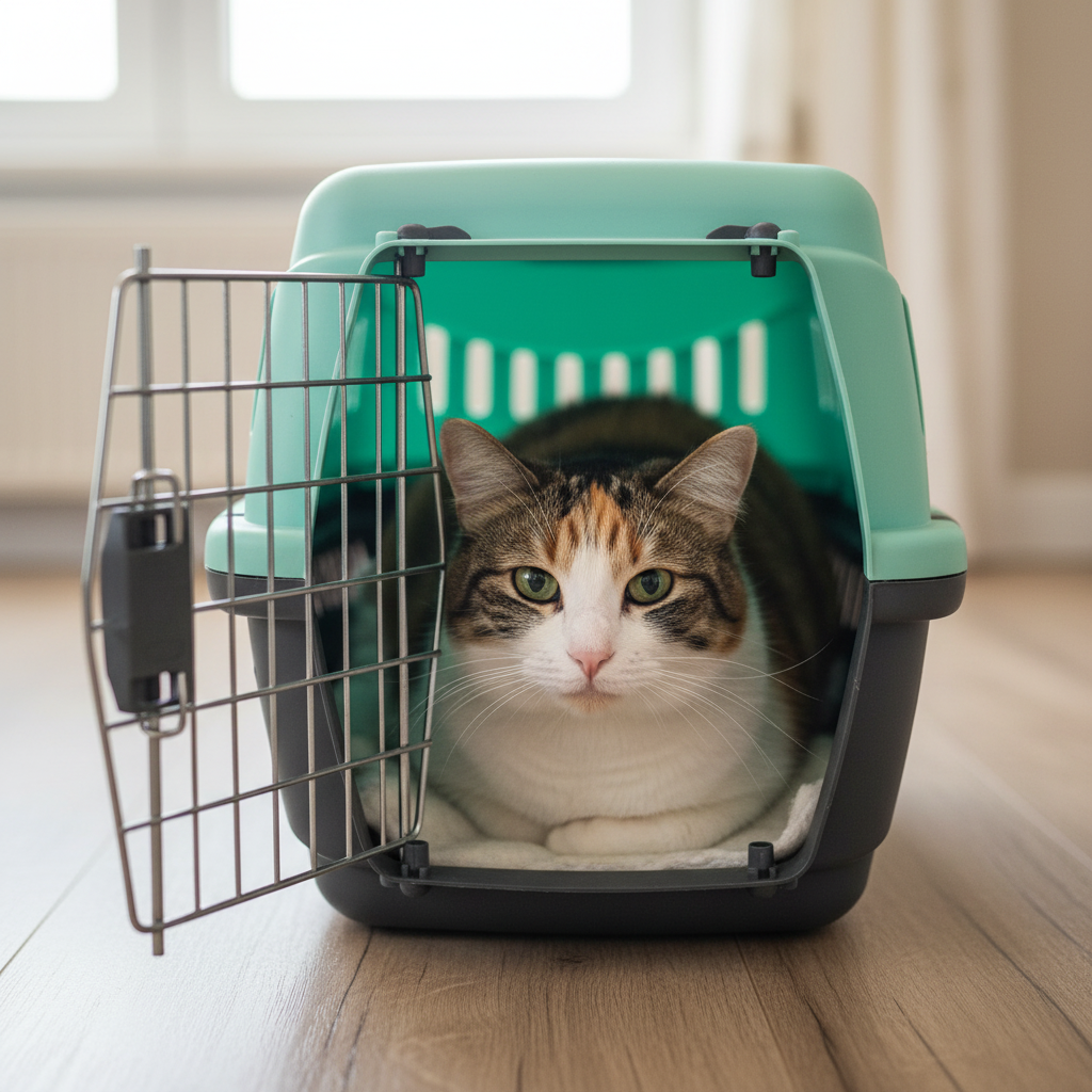 Gato dentro de la transportadora - puerta abierta