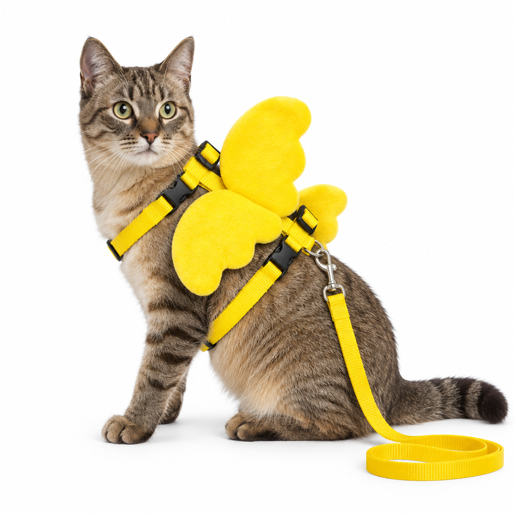 Gato modelando el arnés amarillo