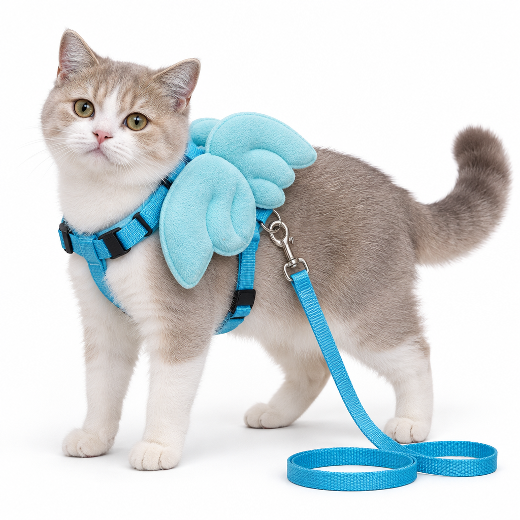 Gato modelando el arnés celeste con alas