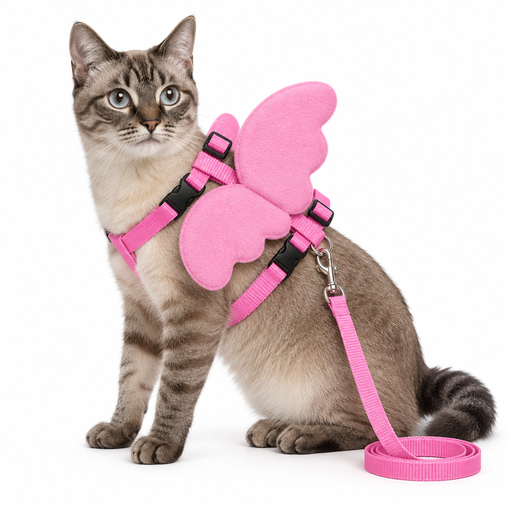 Gato modelando el arnés rosado