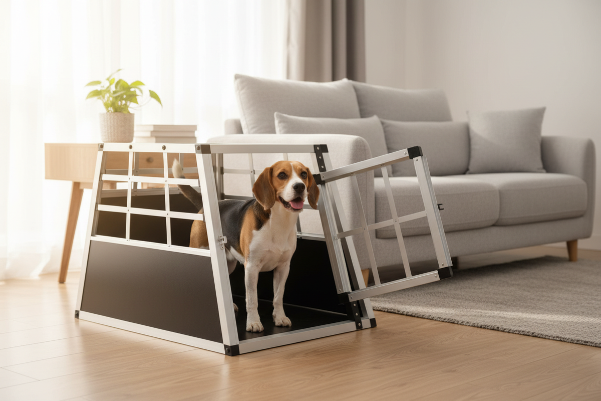 Jaula aluminio una puerta con Beagle en living