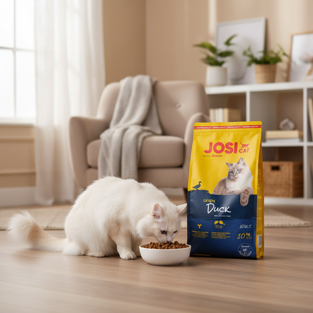 Josera Crispy Duck en uso con gato angora