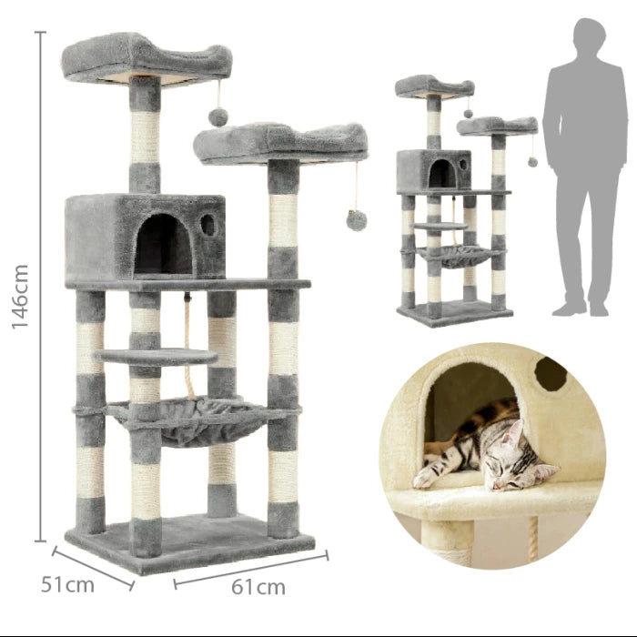 Rascador para gatos 5 pisos casita hamaca Gris 146cm - imagen 1