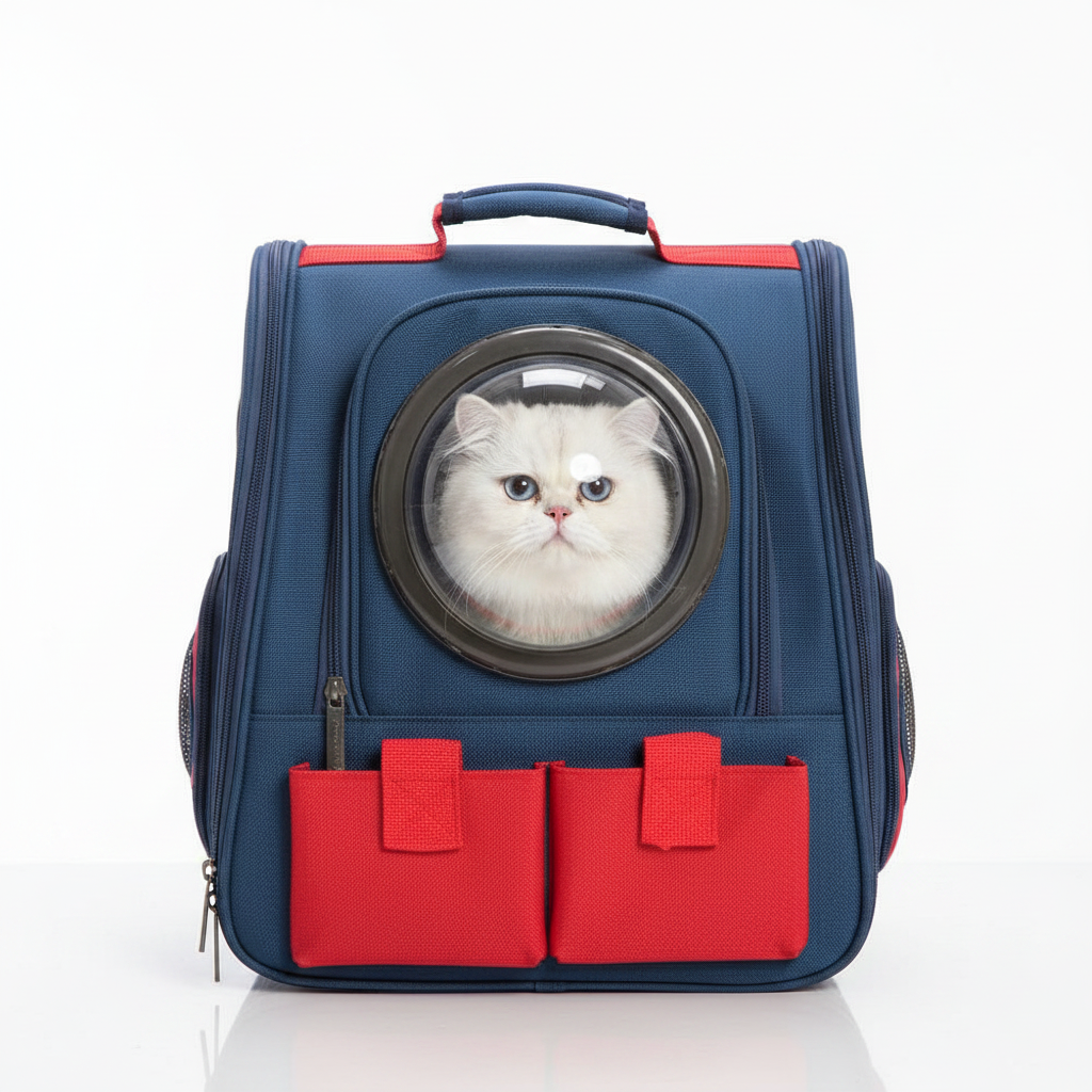 Mochila cúpula con gato blanco dentro