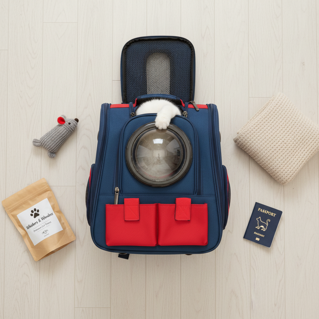 Mochila cúpula flat lay viaje con accesorios gato
