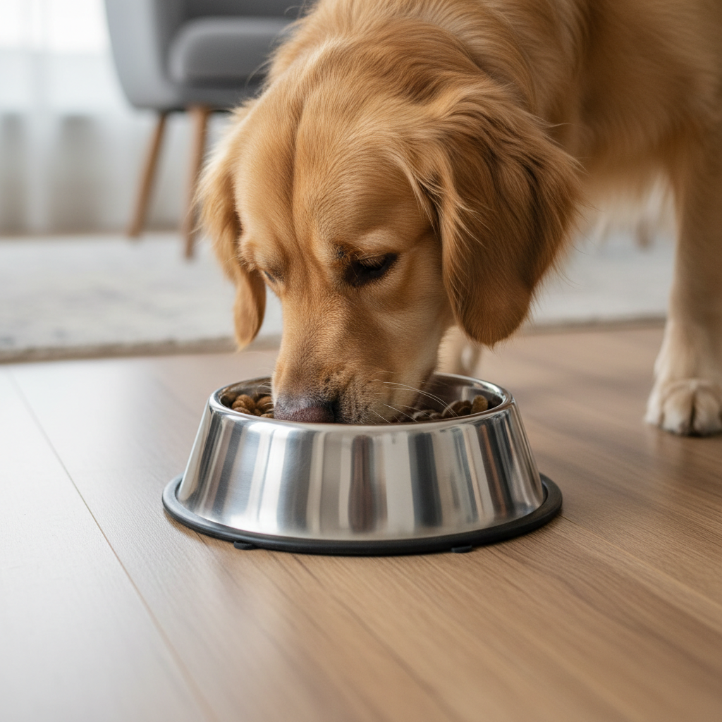 Perro comiendo - plato plateado