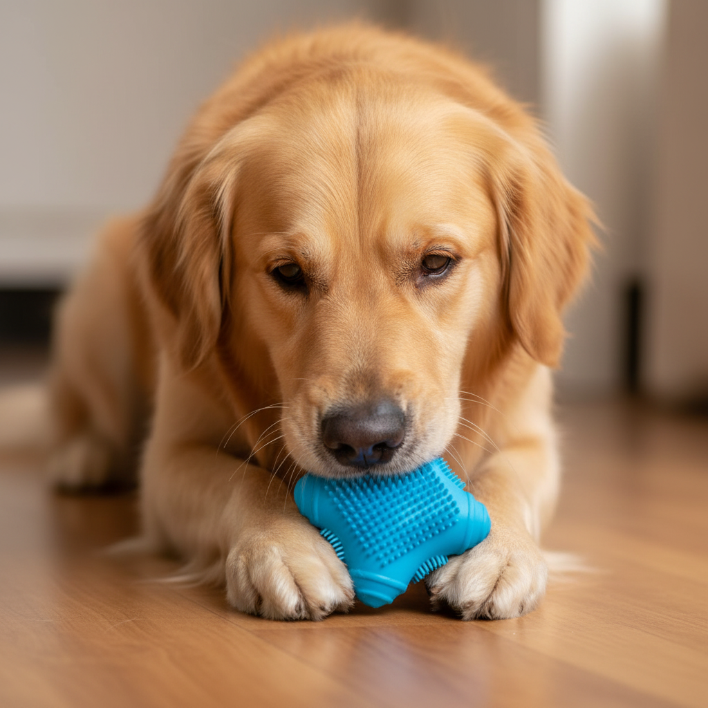 Perro con juguete rubber azul exacto