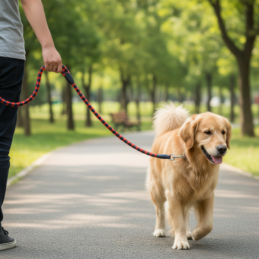 Perro con traílla gruesa roja y negra