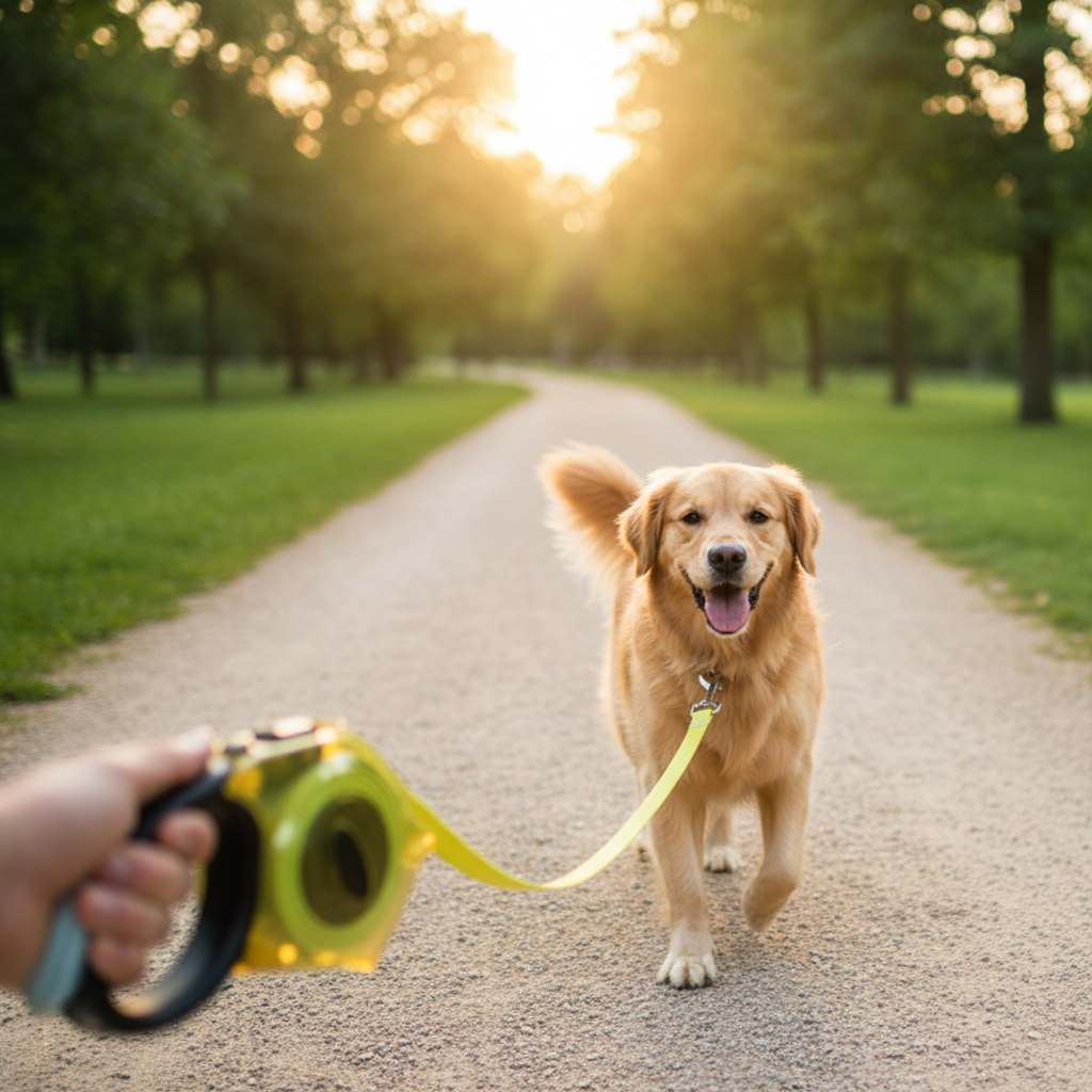 Perro con traílla retráctil mejorada