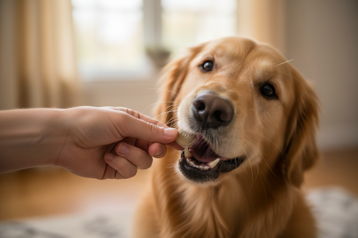 Perro grande consumiendo comprimido Simparica