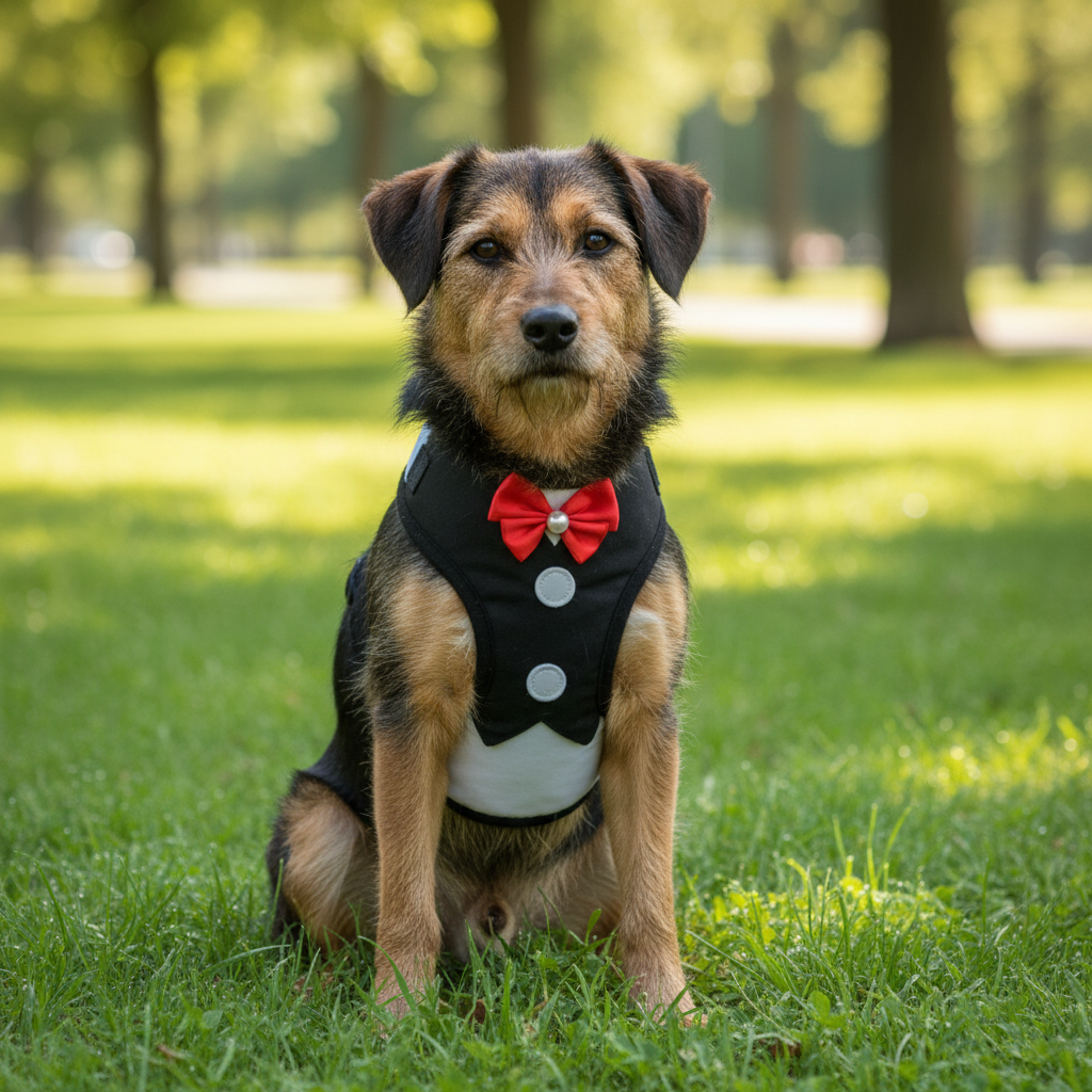 Perro mestizo con arnés en parque