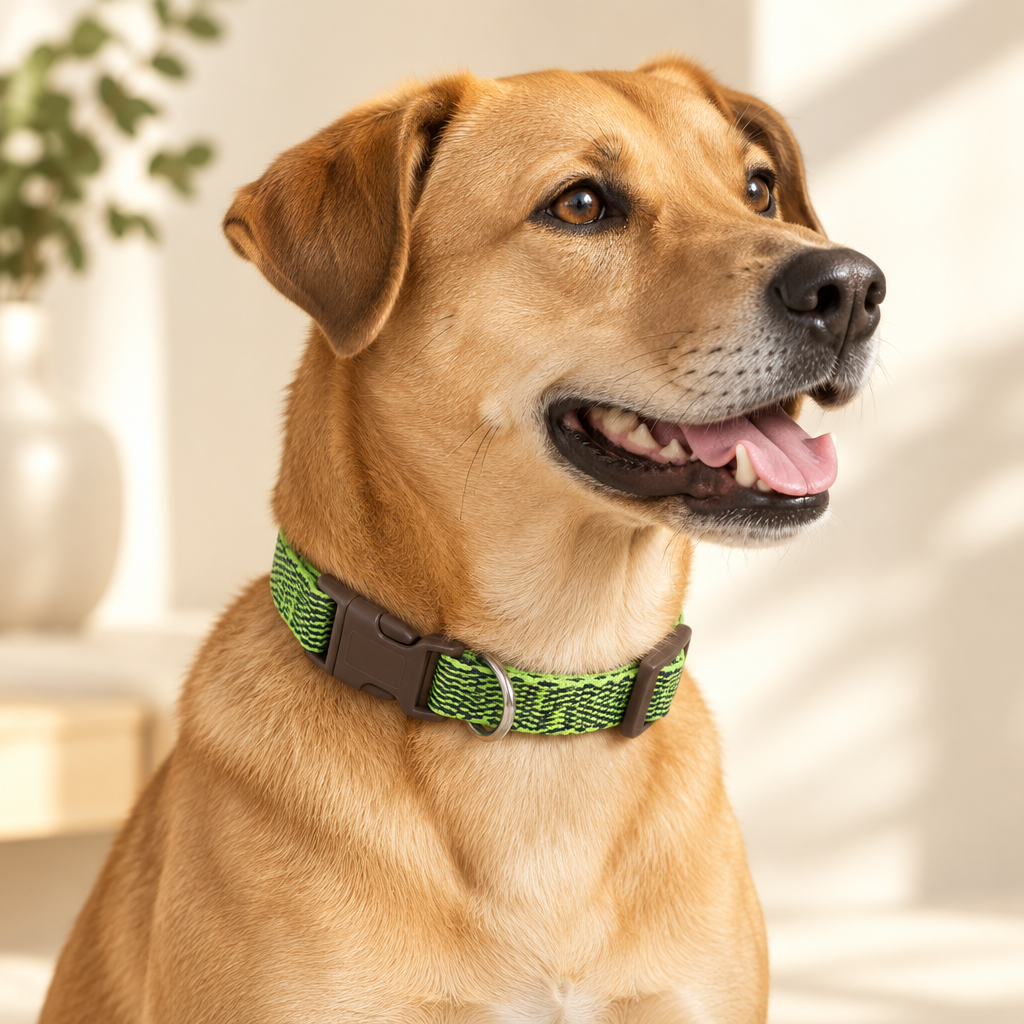 Perro modelando el collar verde en fotografía editorial