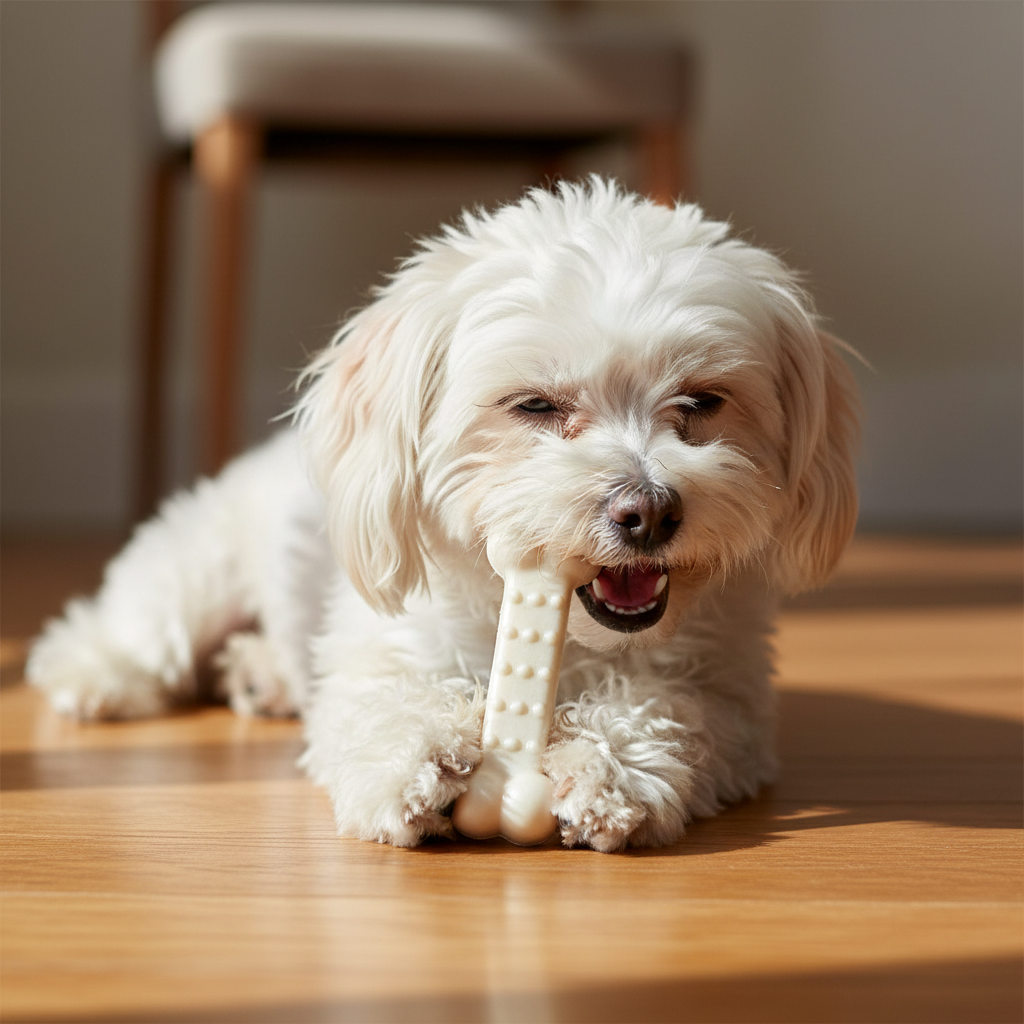 Perro mordiendo hueso de nylon