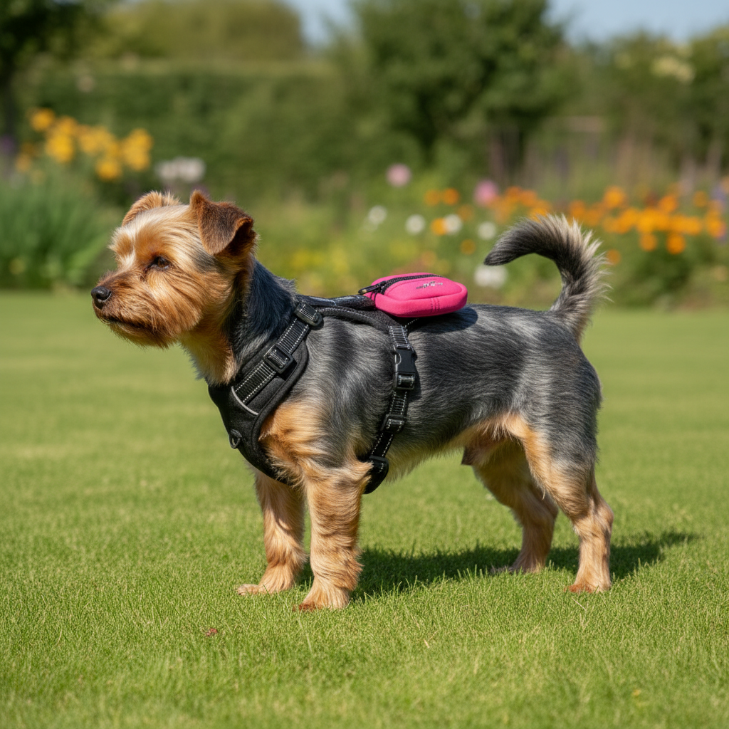 Perro pequeño con arnés mochila