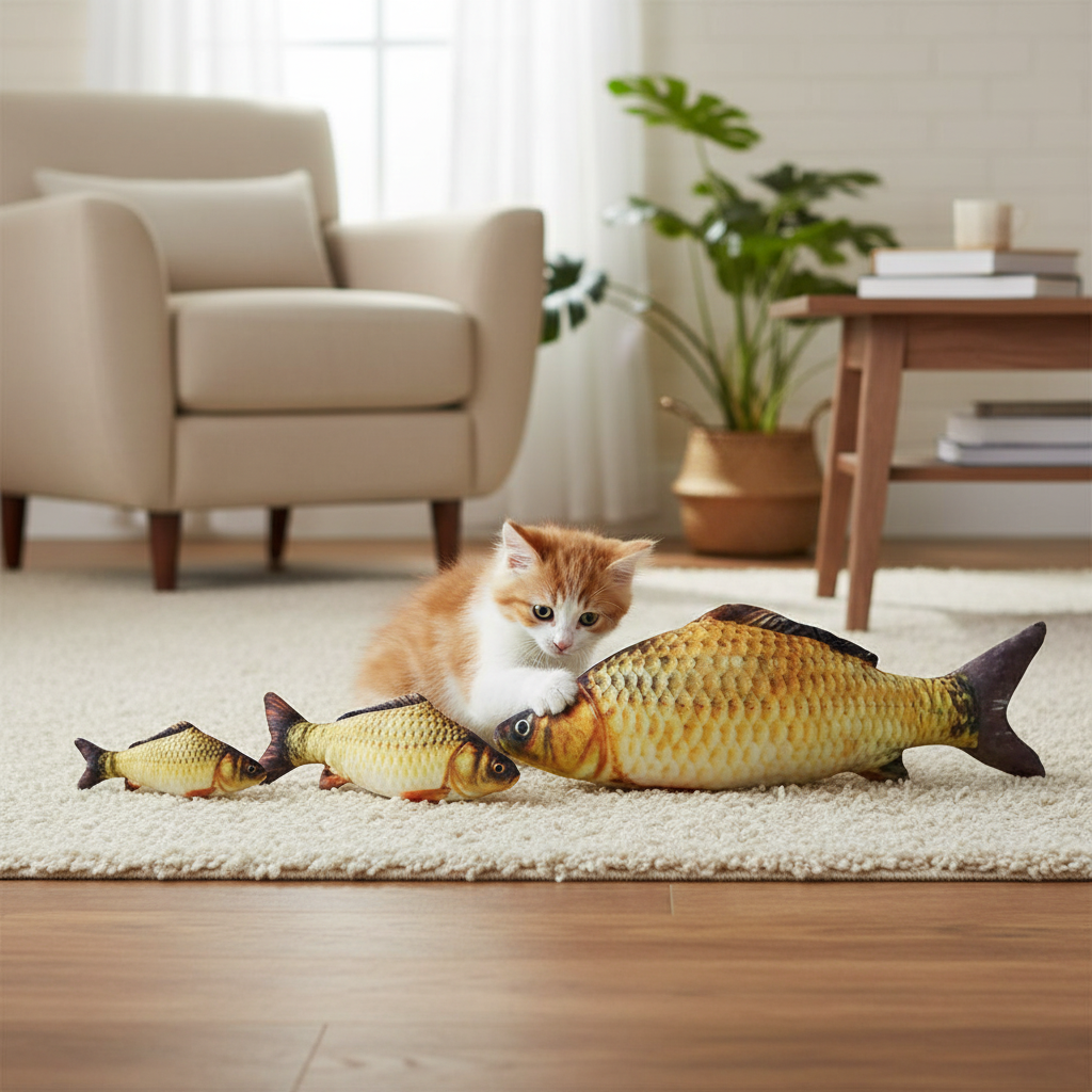 Pez Carpa Peluche - gatito en sala con distintos tamaños