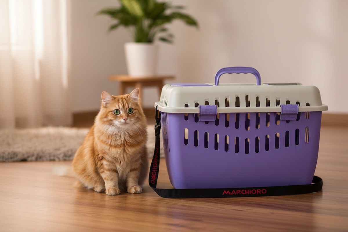 Transportadora Binni cerrada con gato al lado