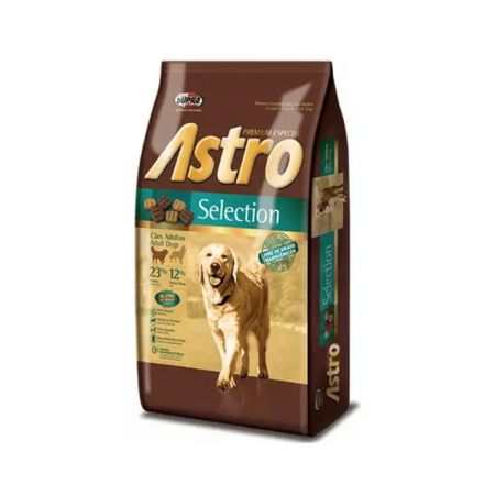 Astro Selection  Premium. Para perros adultos, producido con proteínas de la carne, pollo y huevos además de omegas 3 y 6, hexametafosfato de sodio y fibras naturales para una vida más saludable de su perro.