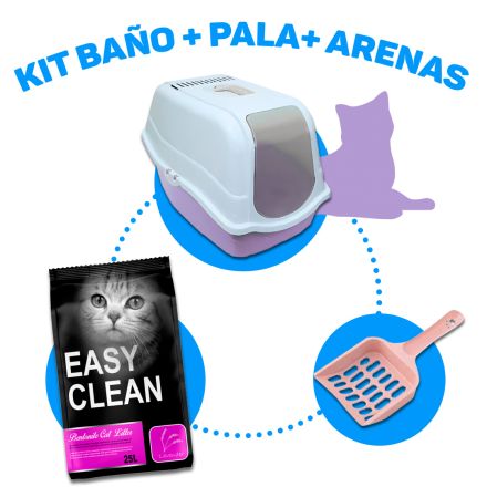 Baño romeo lila + pala para fecas rosada + arena easy clean lavanda 24 kg