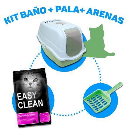 Baño romeo verde + pala para fecas verde+ arena easy clean lavanda 24 kg