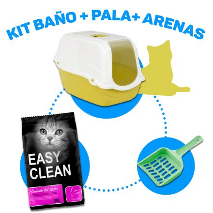 Baño romeo amarillo + pala para fecas verde+ arena easy clean lavanda 24 kg